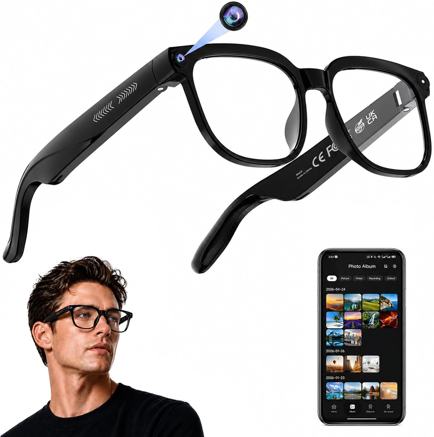 Macro close-up of AI Smart Glasses lens and speaker detail with shallow depth of field