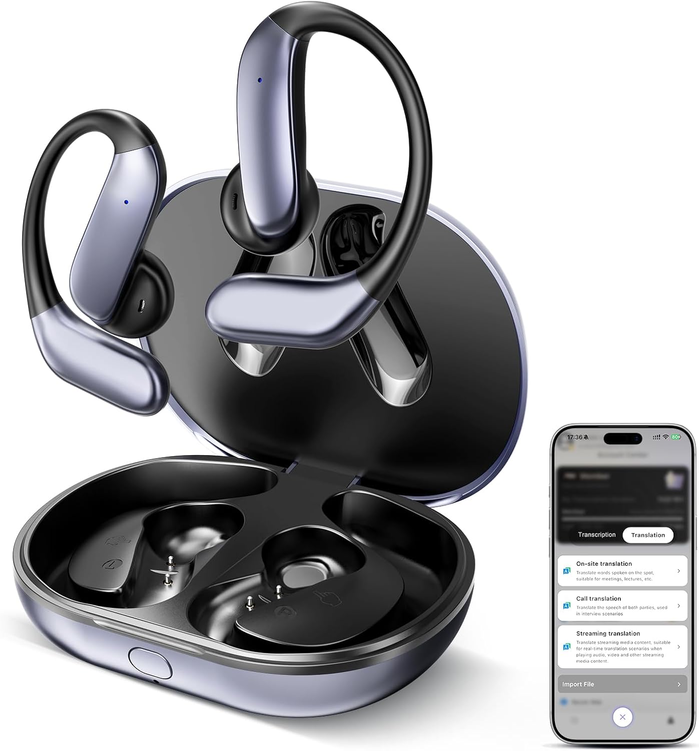 Macro close-up of a single AI translation earbud showing speaker mesh and metallic charging contacts on dark slate