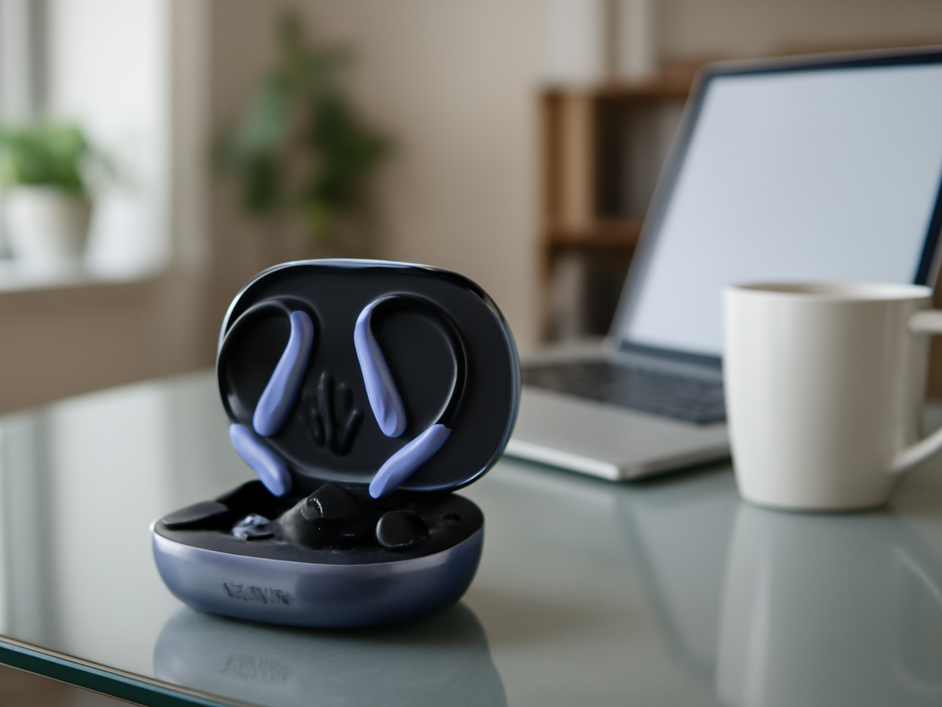 Translation earbuds in charging case on a desk with laptop and coffee in a bright home office setting