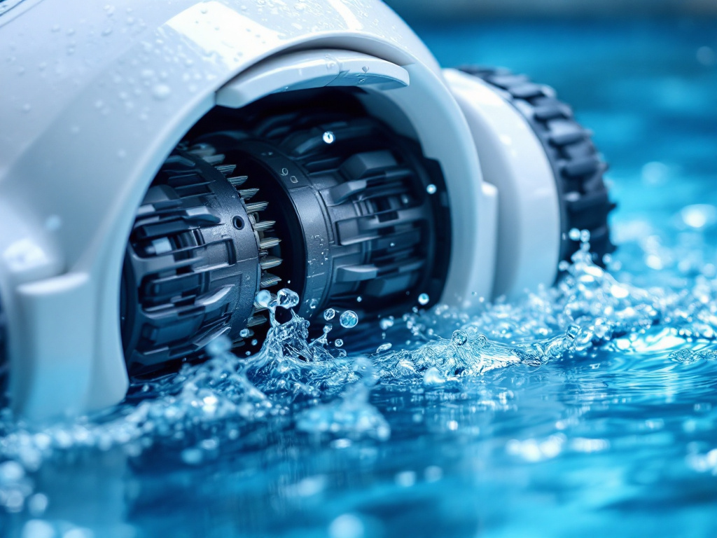 Close-up of Aiper robot pool vac's brush roller and intake mechanism with water droplets, shallow focus on mechanical details