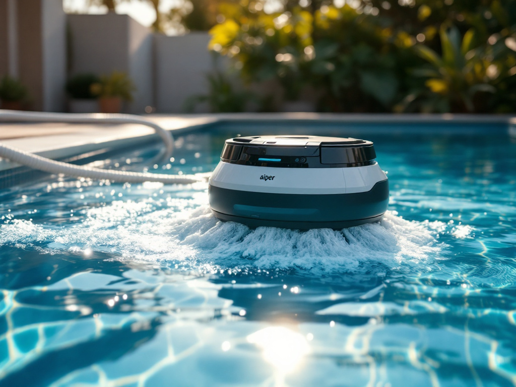 Aiper pool vacuum cleaning an in-ground pool floor with hose attached, shown small within the full pool environment and daylight