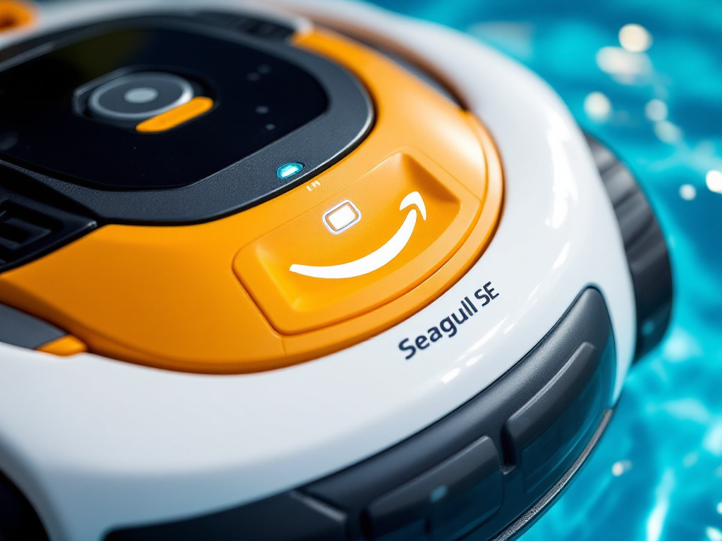 Close-up of AIPER Seagull SE pool cleaner showing LED indicator panel and textured top surface