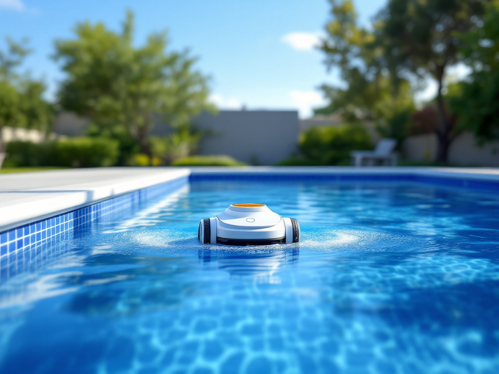 AIPER Seagull SE pool cleaner working in an above-ground backyard pool surrounded by deck and landscaping