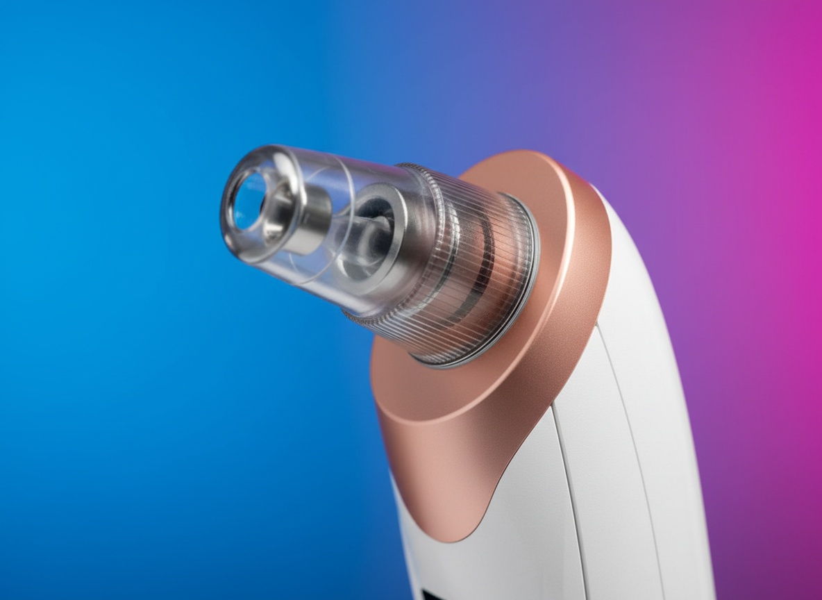 Extreme close-up of the 2026 blackhead remover pore vacuum's metal suction nozzle and probe tip with shallow focus
