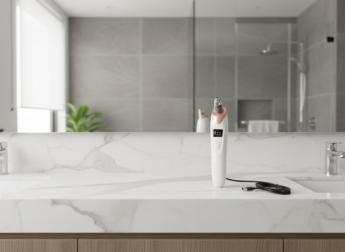 2026 blackhead remover pore vacuum resting on a bathroom vanity counter with charging cable and mirror in background