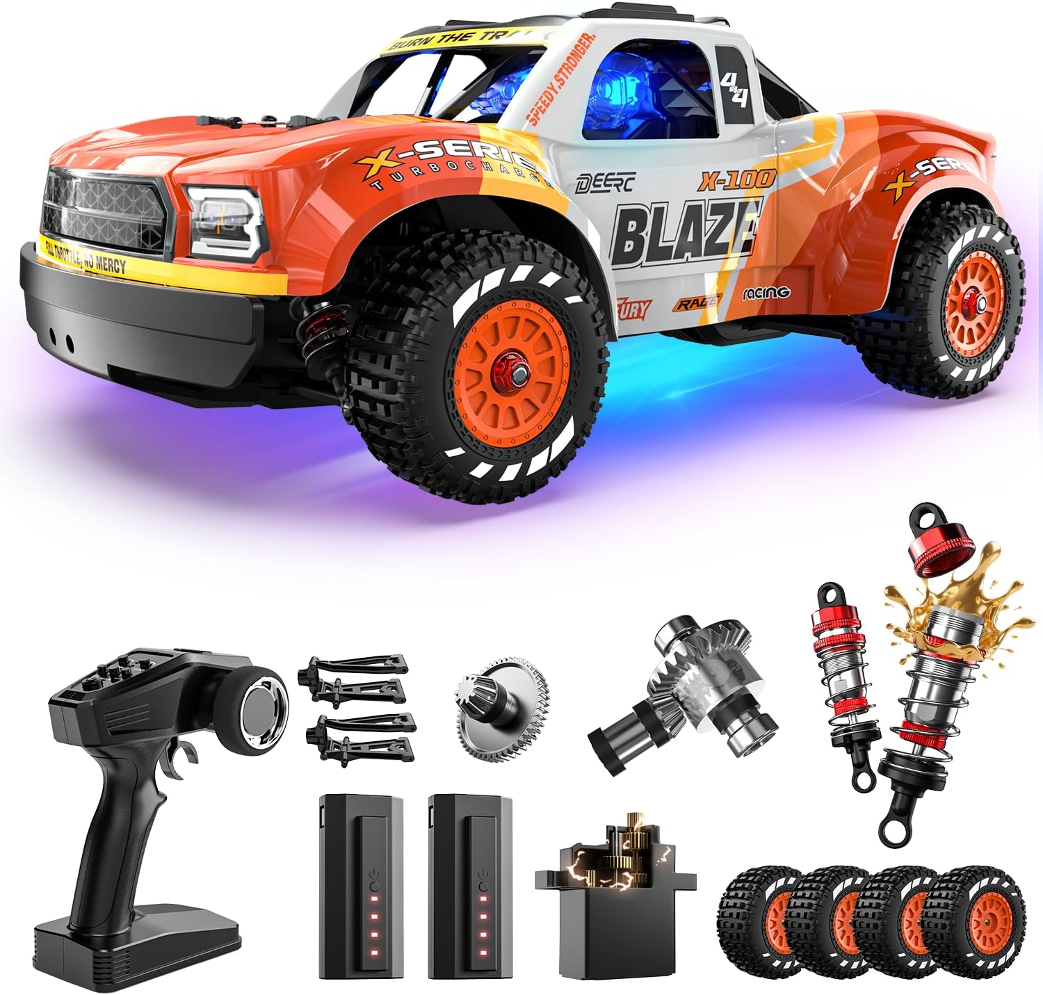 DEERC 1205 4x4 RC truck on an outdoor dirt course with natural terrain and landscape in background