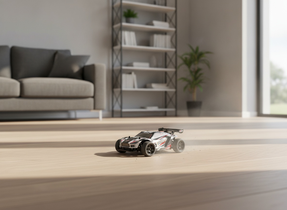 Remote control car racing across a living room floor with furniture and walls visible in the background