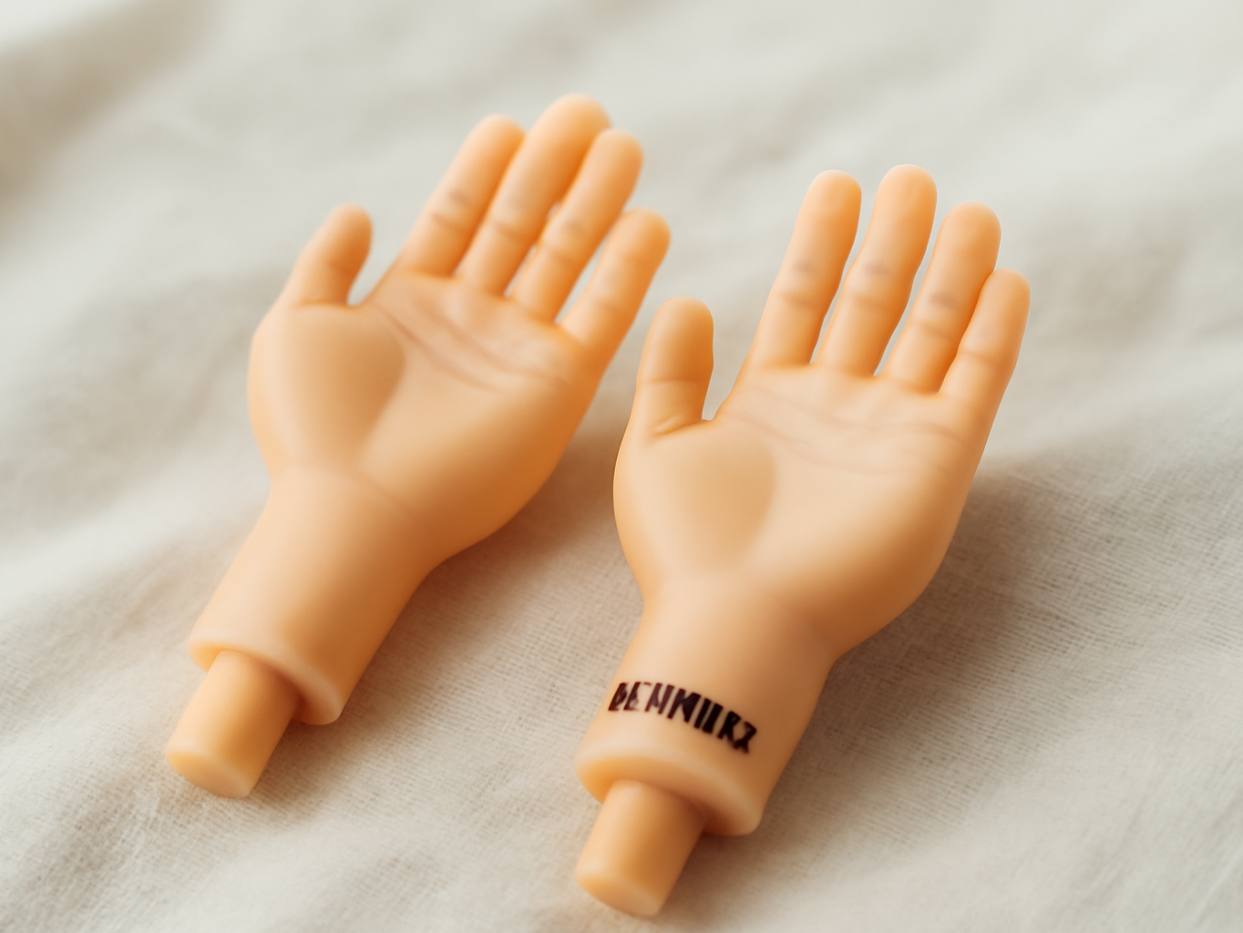 Close-up of DR DINGUS Tiny Hands puppets on cream fabric, showing intricate hand and finger details with shallow focus