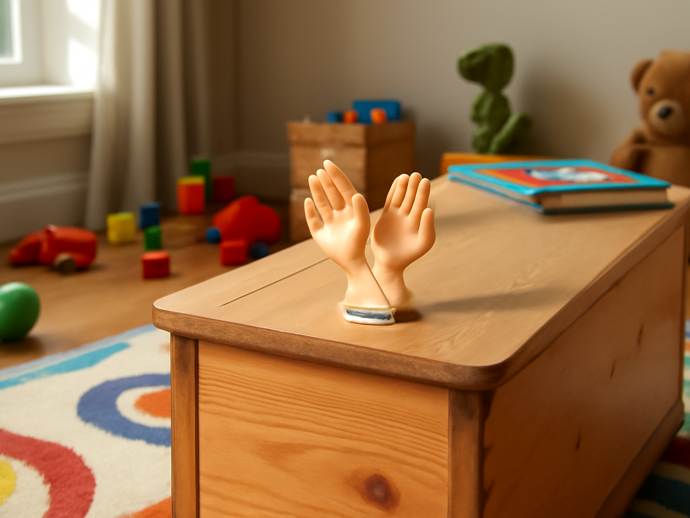 DR DINGUS Tiny Hands puppets placed on a toy chest in a playroom, surrounded by toys and books in a lived-in space