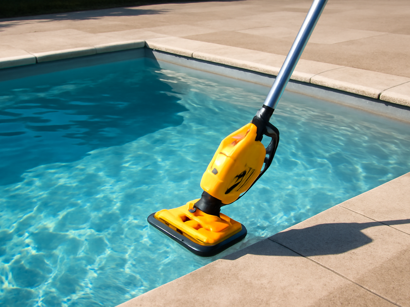 ENHULK pool vacuum shown small in corner of a residential backyard swimming pool during daytime use