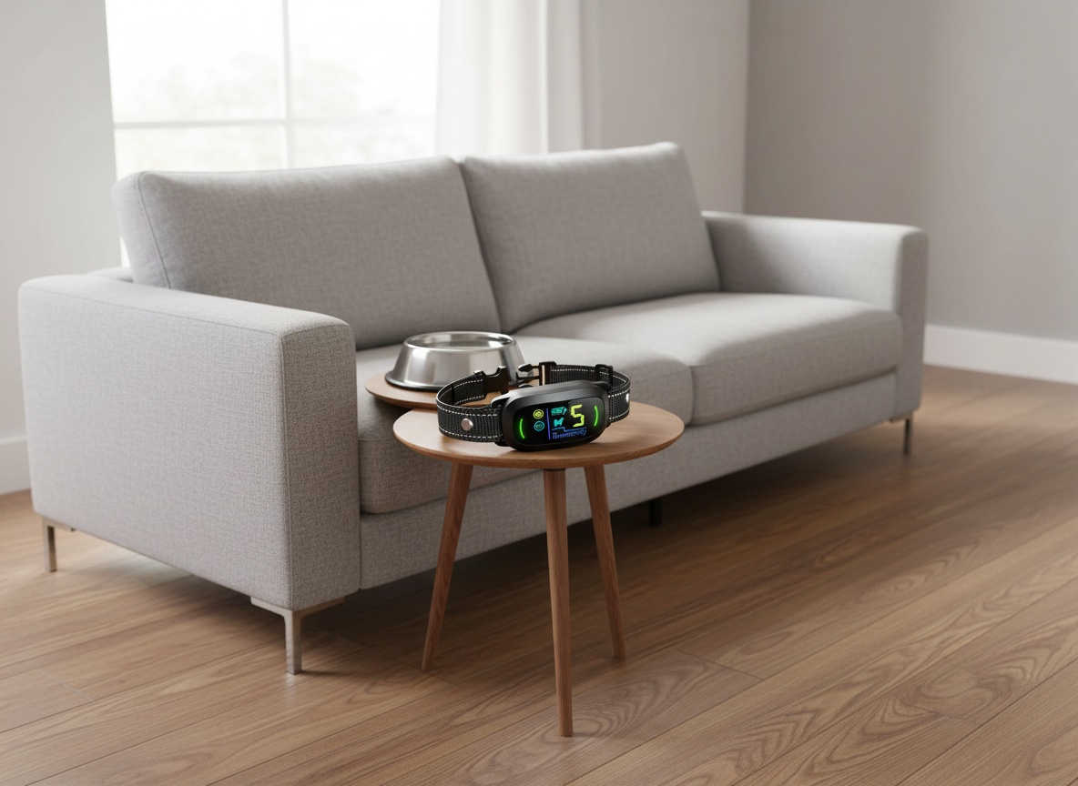 Bark collar on a side table in a home living room setting near a dog water bowl