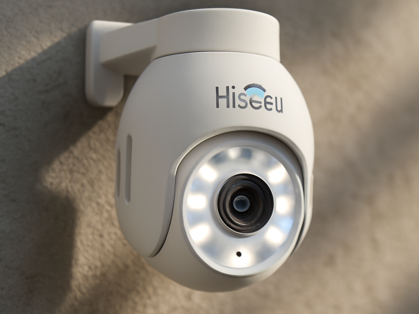 Macro detail of Hiseeu security camera lens mounted on concrete, showing optical components in close focus