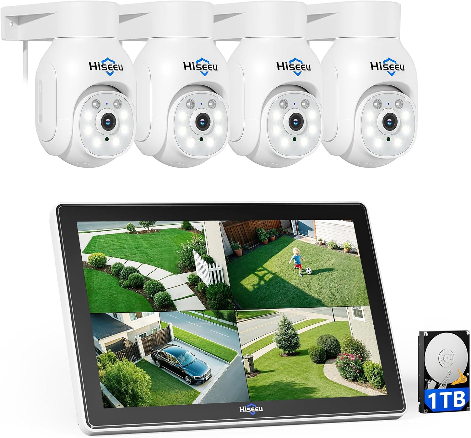Hiseeu wireless camera system with 10-inch monitor displaying security feeds on a garage workbench, outdoor camera visible through