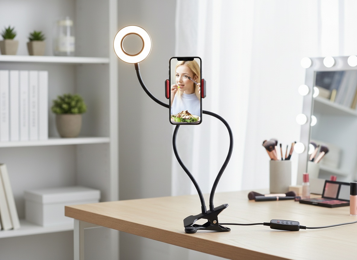 Ring light with cell phone holder mounted on a desk in a bedroom vanity setup, emitting warm glow during makeup application