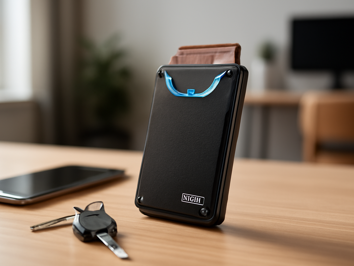 12-card wallet displayed open on a desk with everyday items in a bright home office