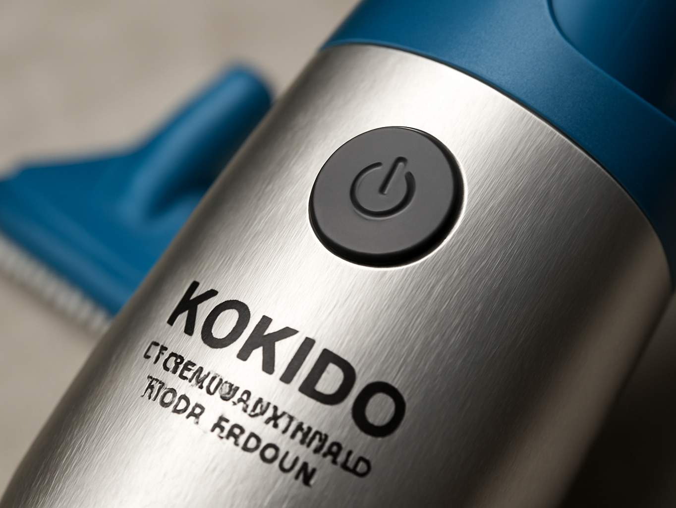 Macro close-up of KOKIDO cordless pool vacuum motor head showing metallic casing and control button in sharp detail
