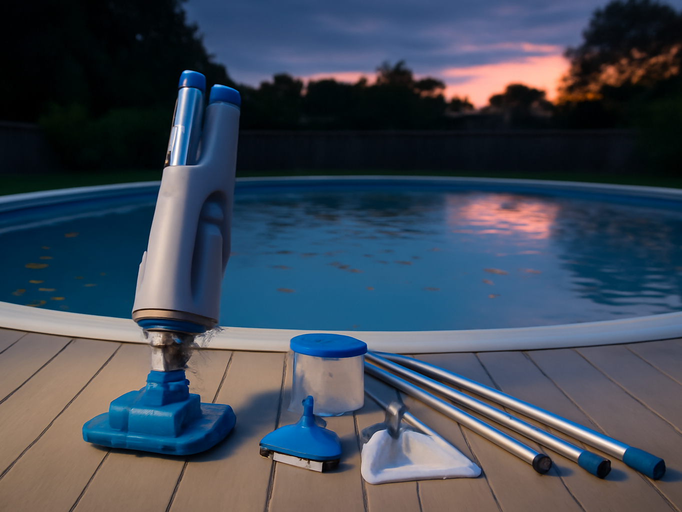 KOKIDO pool vacuum with pole and attachments resting on wet deck beside storm-damaged above-ground pool full of leaves and debris
