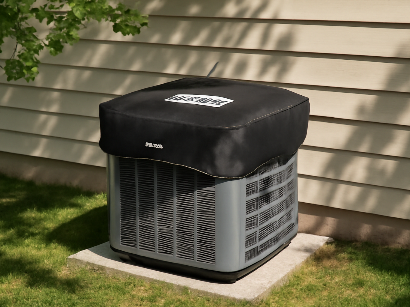 Air conditioner cover installed on unit under tree branches on house exterior wall