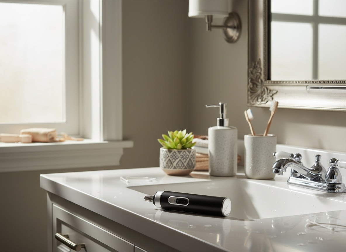 Nose hair trimmer on bathroom counter with everyday items and mirror in background