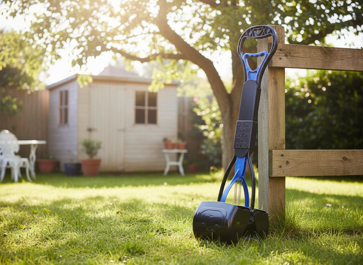 Pooper scooper leaning against a fence in a sunny backyard with grass and garden setting visible