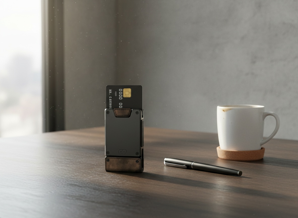 PROOF wallet on wooden desk in office setting with coffee and pen nearby, morning light