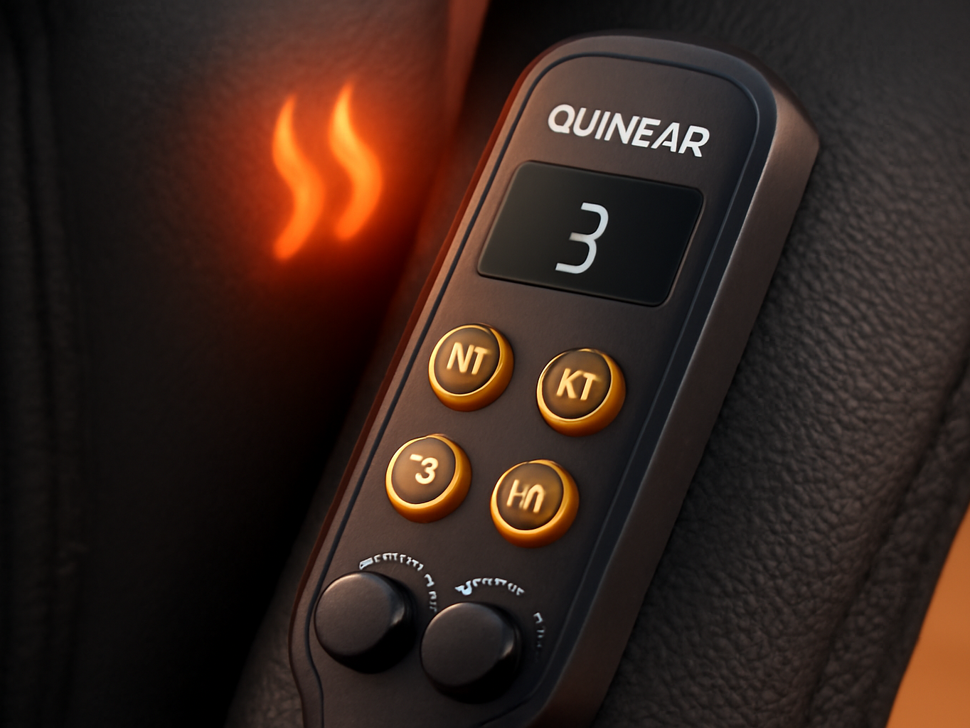 Close-up of QUINEAR leg massager control panel showing mode buttons and intensity dials on dark fabric