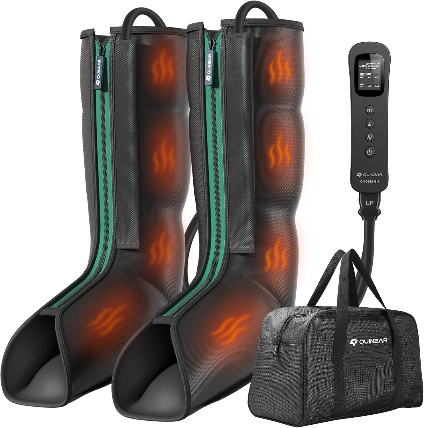 QUINEAR leg massager positioned on an armchair in a bright living room with home furnishings visible