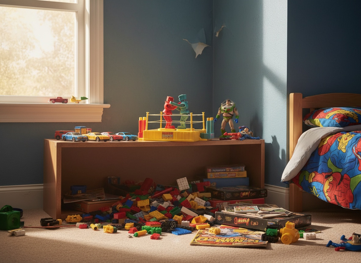 Rock Em Sock Em Robots game on a toy shelf in a bedroom with other vintage toys surrounding it