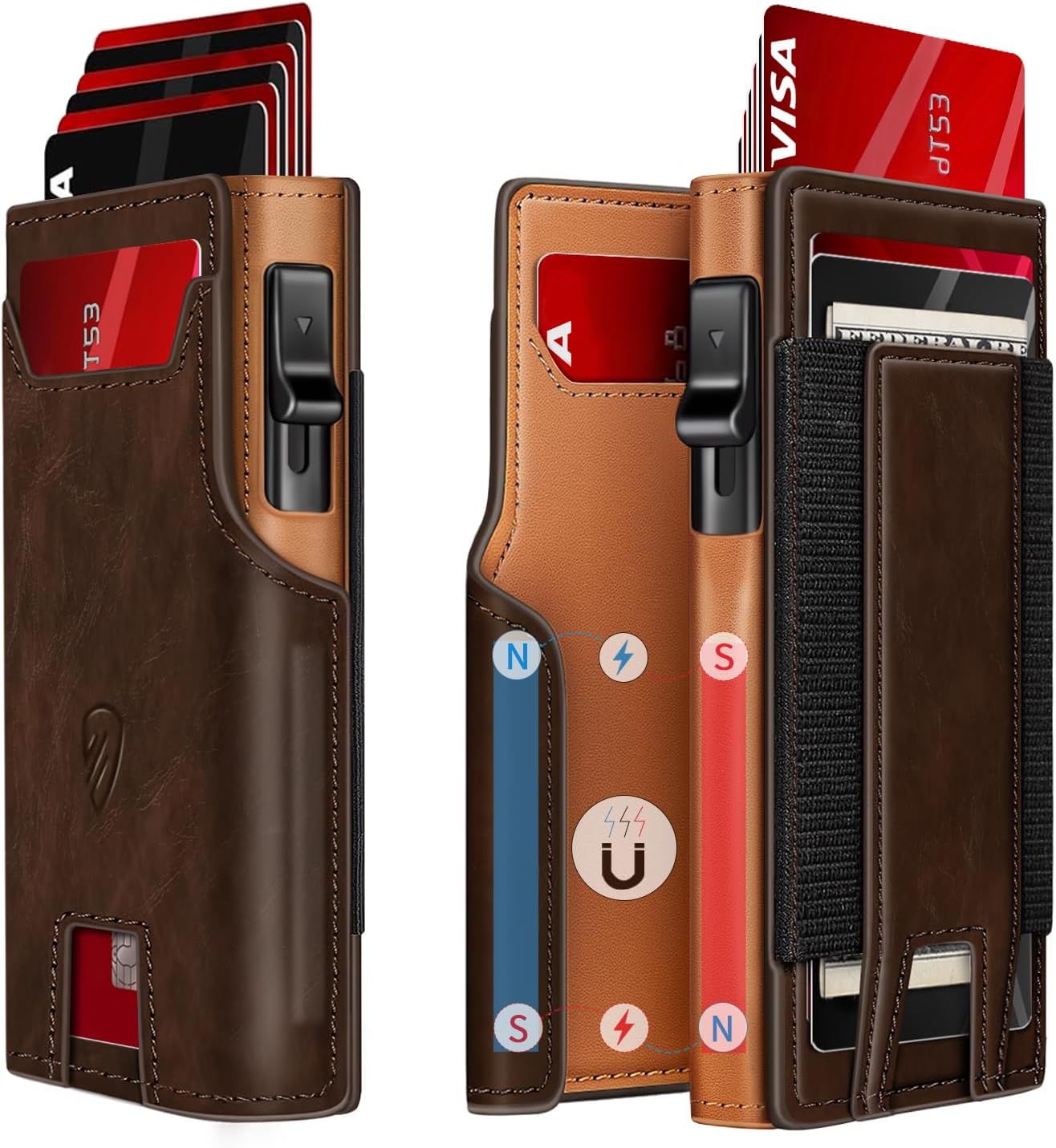 RUNBOX wallet in extreme close-up with pop-up cards partially extended, aluminum body in focus