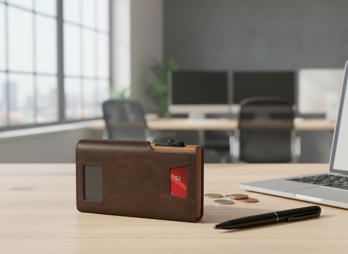 RUNBOX wallet closed on a desk amid laptop, coins, and office items in natural daylight