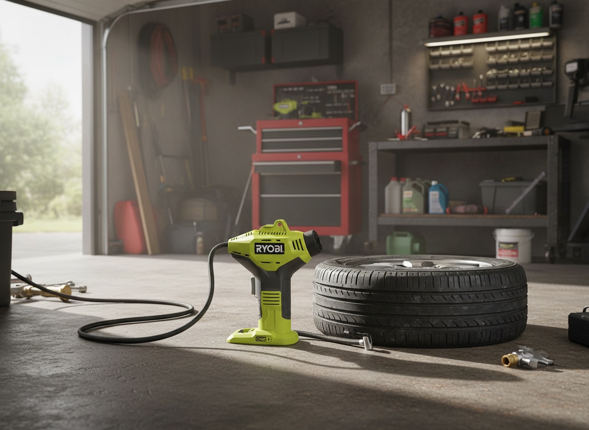 Ryobi R18PI-0 inflator resting on a garage floor next to a flat tire and hose in a workshop setting
