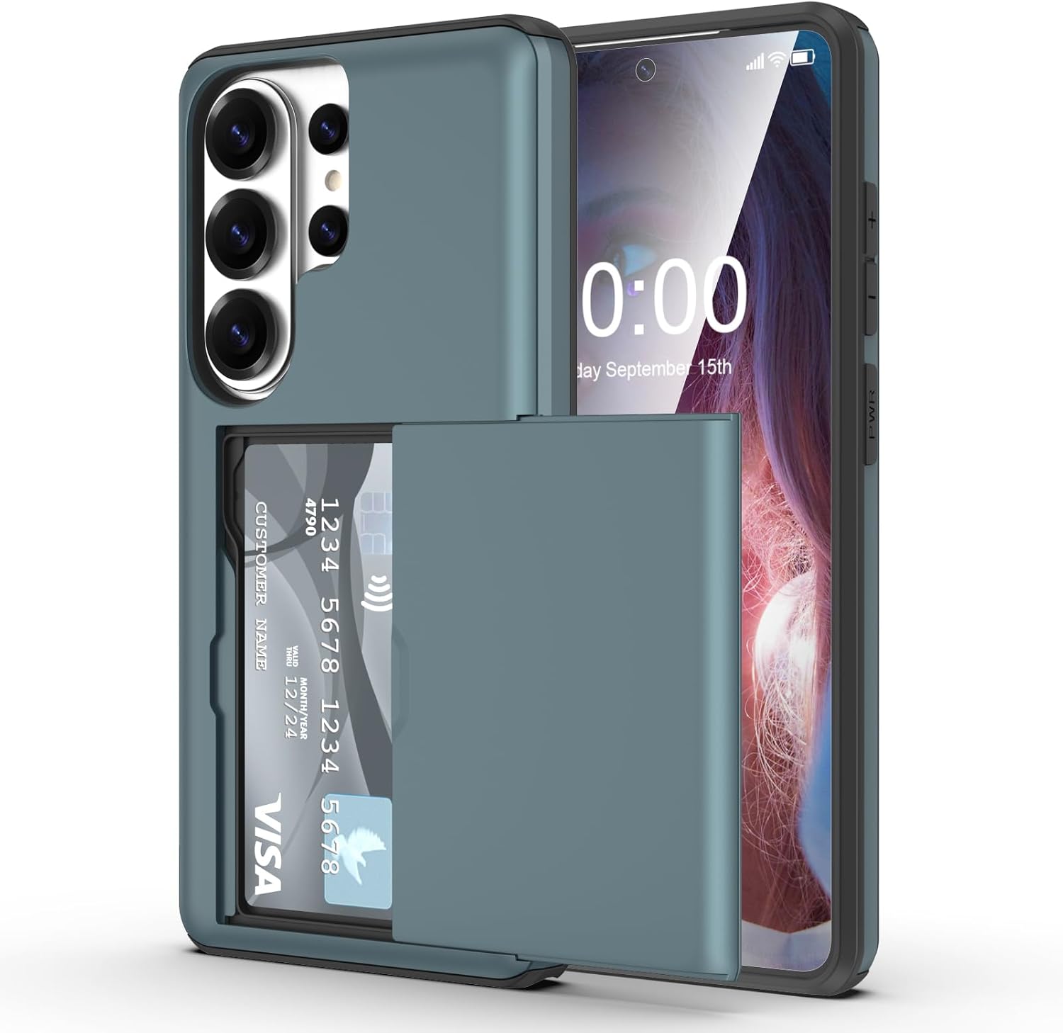 Blue Galaxy S26 Ultra case on a desk in a home office with laptop and coffee mug
