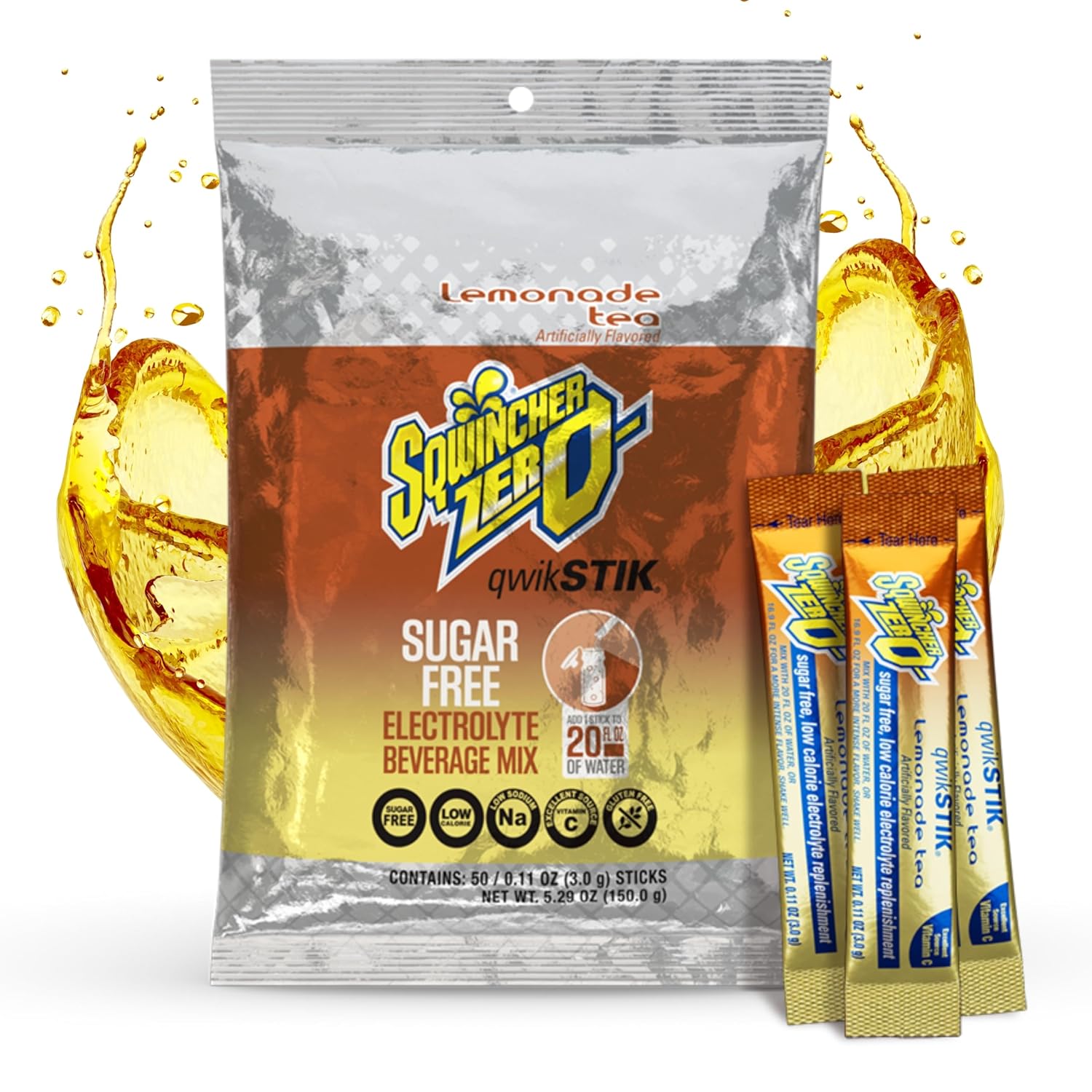 Prepared glass of lemonade-tea hydration drink on a kitchen counter with lemons and a Sqwincher packet nearby