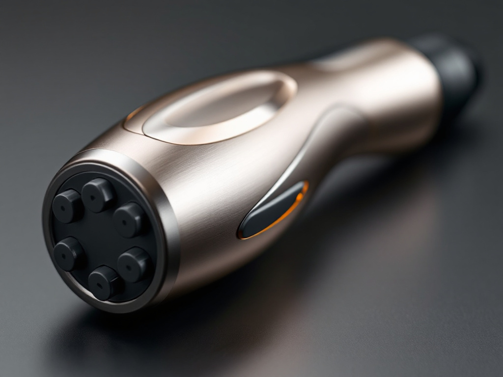 Macro close-up of massage gun attachment head showing metal nodes and textured surface in sharp detail