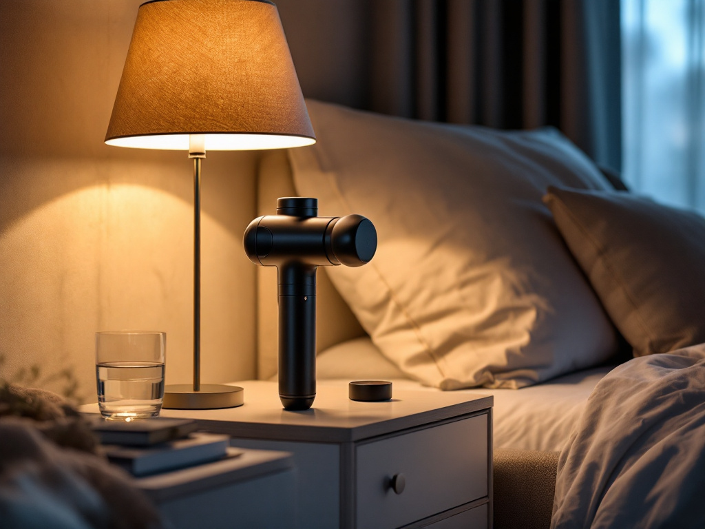 Massage gun placed on a bedroom nightstand next to a lamp and glass of water, evening lighting
