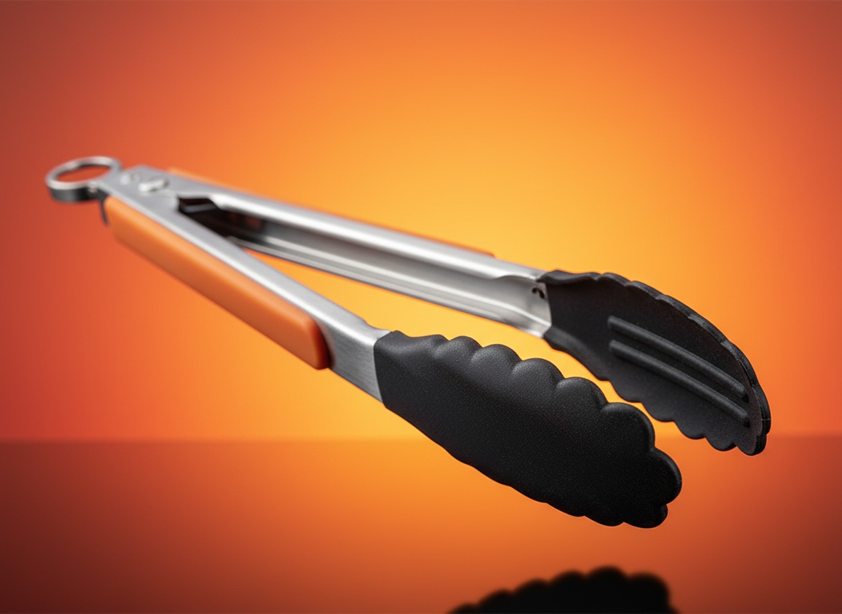 Close-up of orange kitchen tongs showing textured grip and metal serrations