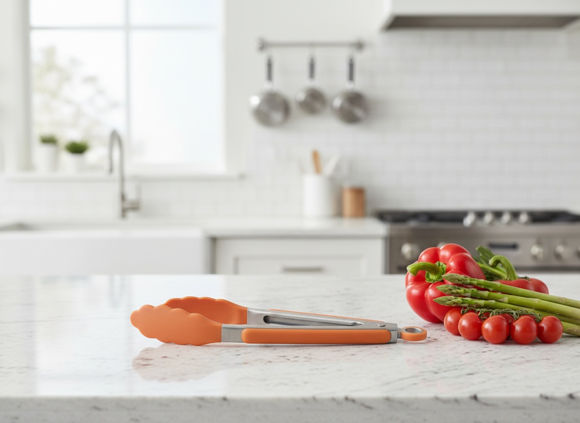 Orange tongs placed on a kitchen counter with vegetables and soft daylight streaming in
