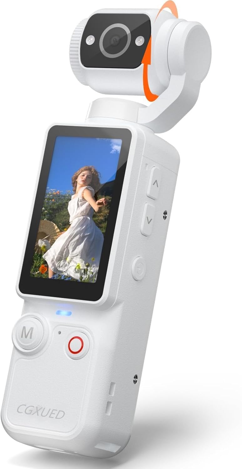 Mini camcorder with 180-degree rotating lens extended and twisted, extreme close-up on gray blurred background