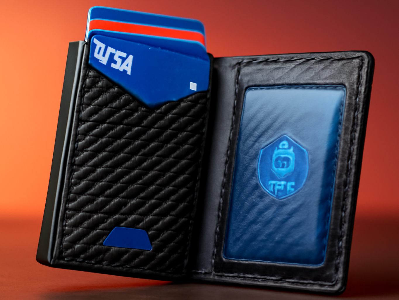 Close-up of open RFID bifold wallet showing extended pop-up card holder with metal mechanism and inserted cards
