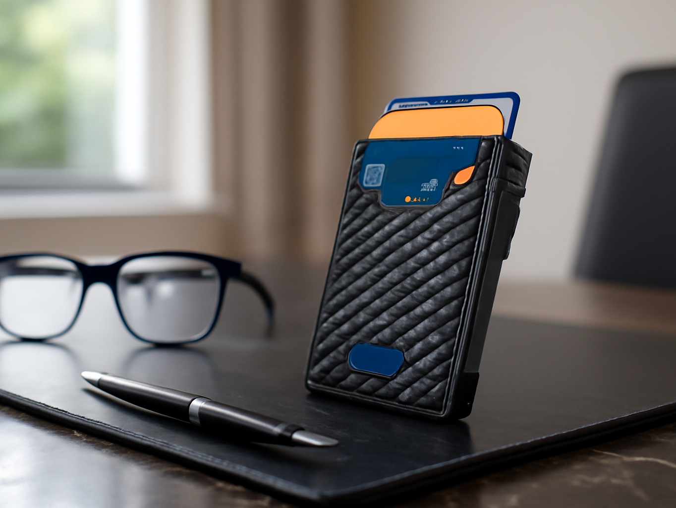 RFID wallet displayed on a marble desk in a home office setting among office accessories