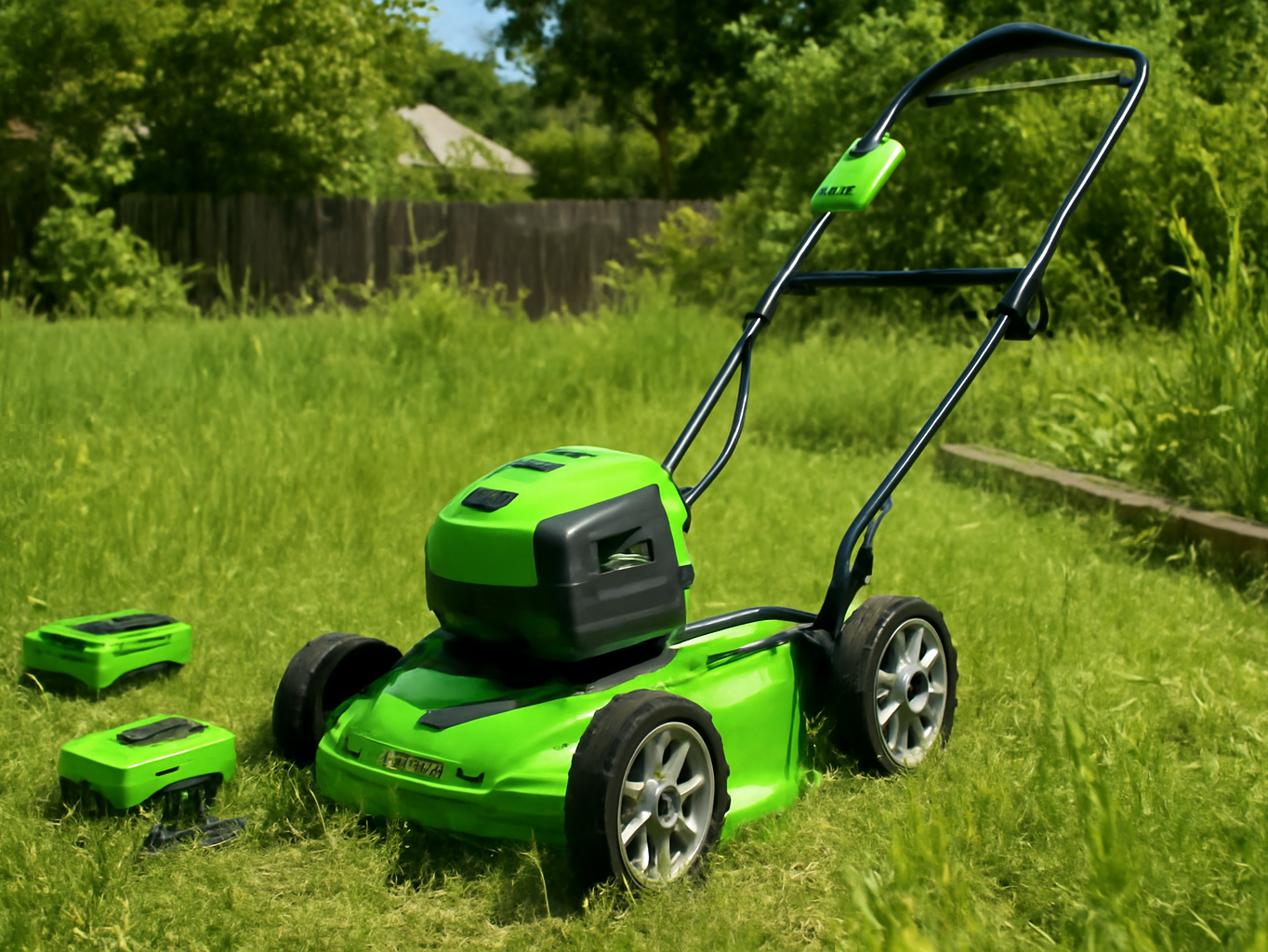 Greenworks 40V mower sitting in an overgrown backyard with tall grass and weeds surrounding it