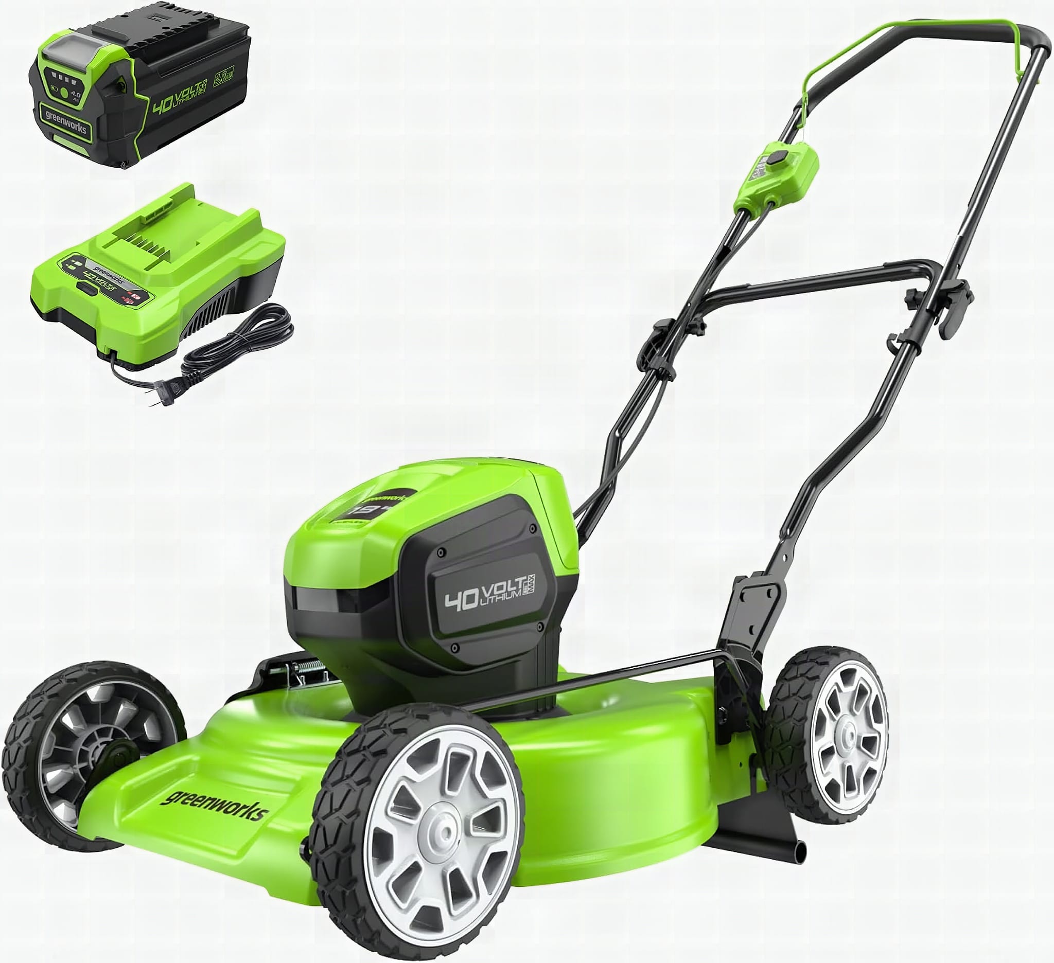 Macro close-up of Greenworks 40V mower's blade and deck housing with green trim detail