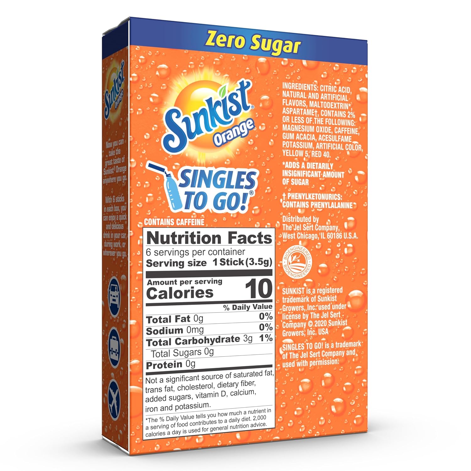 Macro close-up of a single orange Sunkist drink mix packet with visible powder crystals inside