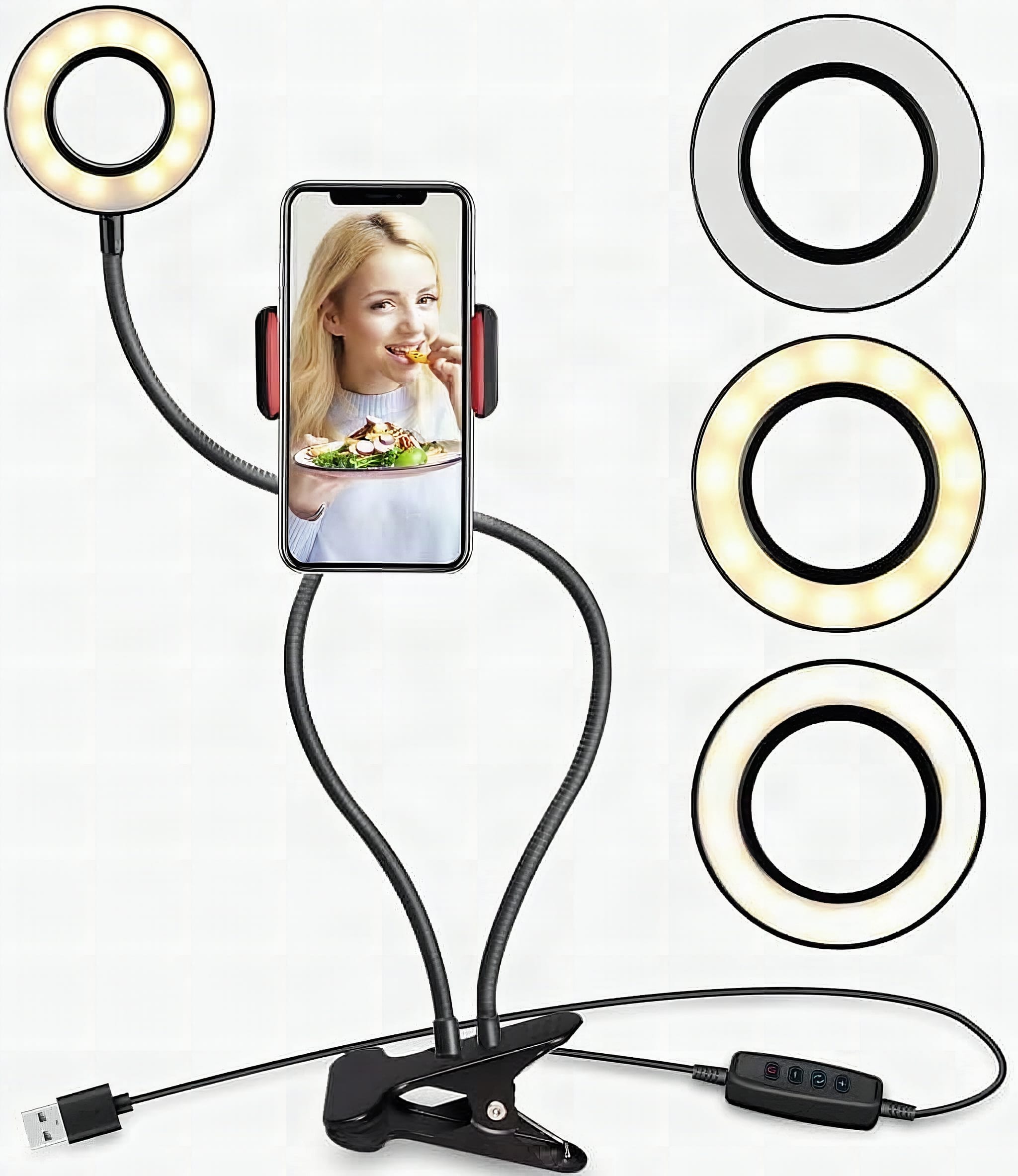 Macro close-up of clip-on ring light's LED bulb ring and gooseneck clamp mechanism in sharp detail
