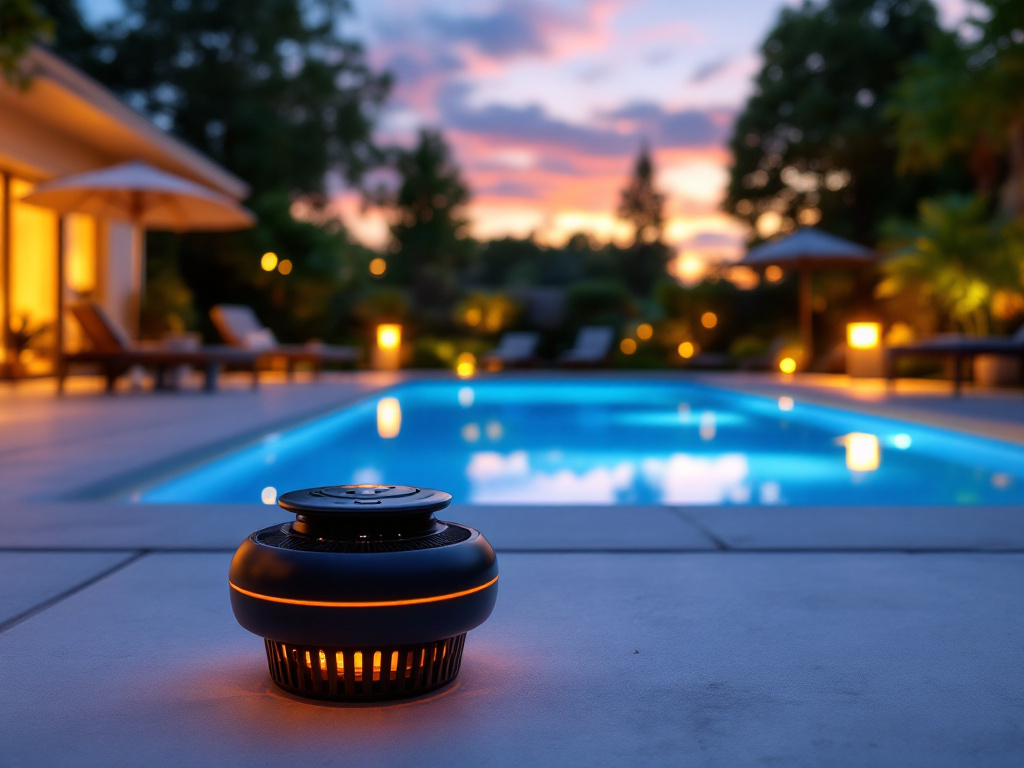 Bug trap device positioned on a pool deck surrounded by lounge chairs and poolside furniture at sunset